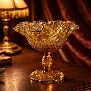 Fenton Olde Virginia Glass amber pedestal ruffled compote dish